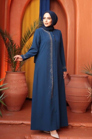 Boncuk Detaylı İndigo Mavisi Tesettür Abaya 26331IM - 3