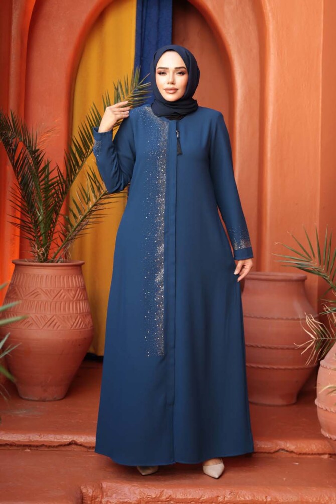 Boncuk Detaylı İndigo Mavisi Tesettür Abaya 26331IM - 4