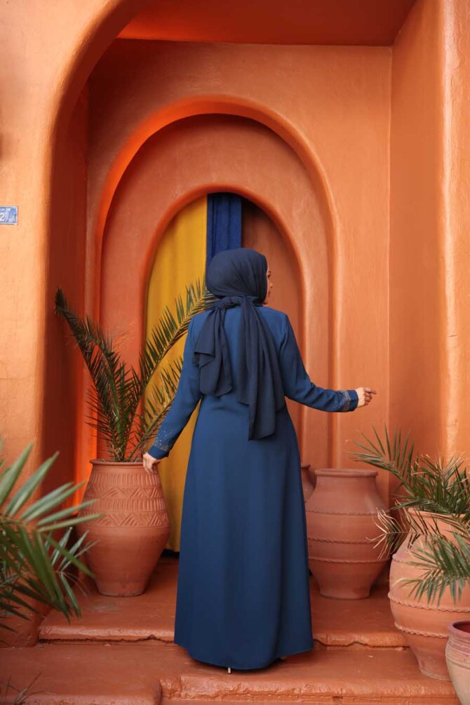 Boncuk Detaylı İndigo Mavisi Tesettür Abaya 26331IM - 5
