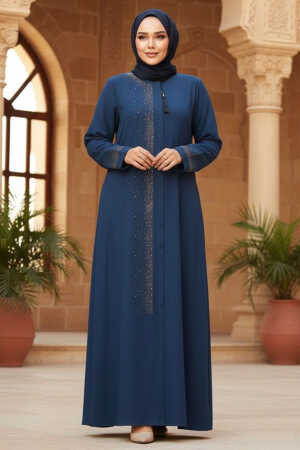 Boncuk Detaylı İndigo Mavisi Tesettür Abaya 26331IM - 1