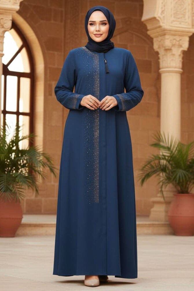 Boncuk Detaylı İndigo Mavisi Tesettür Abaya 26331IM - 1