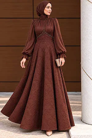  Boncuk Detaylı Kahverengi Tesettür Abiye Elbise 80178KH - N.S NEVA STYLE
