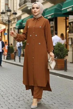 Boncuk Detaylı Karamel Tesettür İkili Takım 12082KRML 