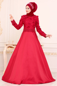 Boncuk Detaylı Kırmızı Tesettür Abiye Elbise 47030K - Thumbnail