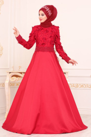 Boncuk Detaylı Kırmızı Tesettür Abiye Elbise 47030K - Thumbnail