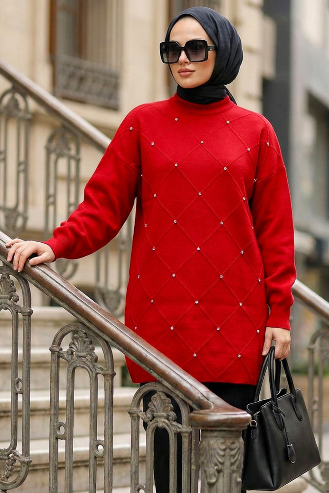 Boncuk Detaylı Kırmızı Tesettür Triko Kazak 10138K - 1