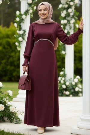  Boncuk Detaylı Koyu Bordo Tesettür Saten Abiye Elbise 62471KBR 