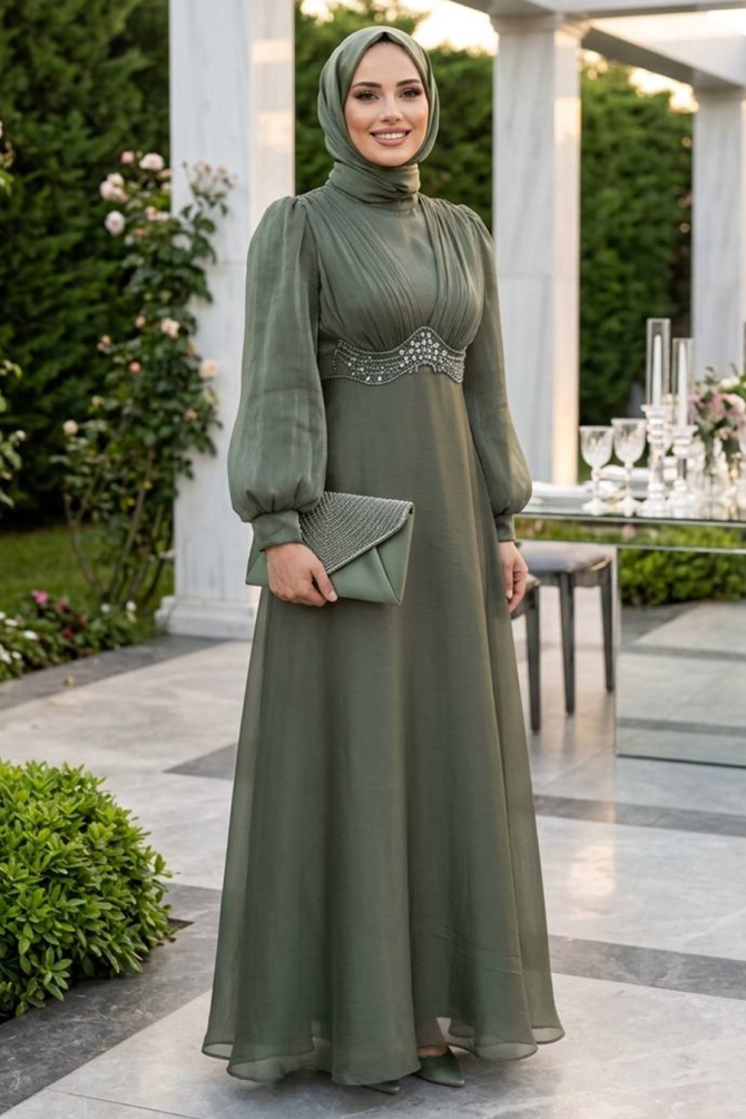 Boncuk Detaylı Koyu Mint Tesettür Abiye Elbise 6295KMINT - 2