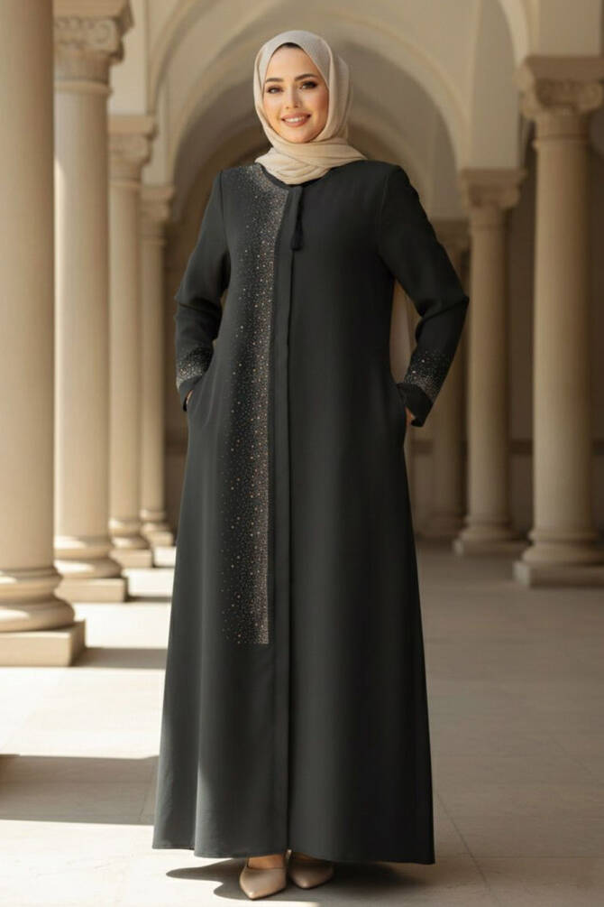 Boncuk Detaylı Koyu Petrol Yeşili Tesettür Abaya 26331KPY - 1