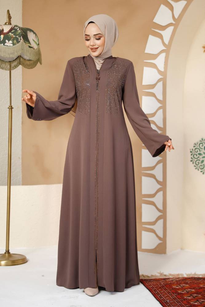 Boncuk Detaylı Koyu Vizon Tesettür Abaya 17007KV - 1