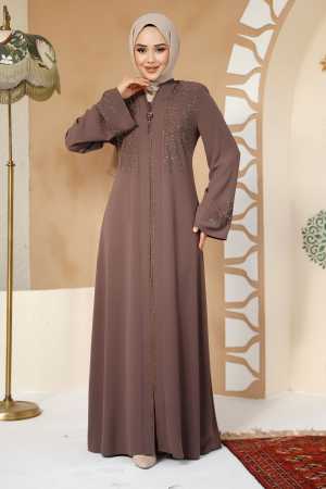 Boncuk Detaylı Koyu Vizon Tesettür Abaya 17007KV - 2