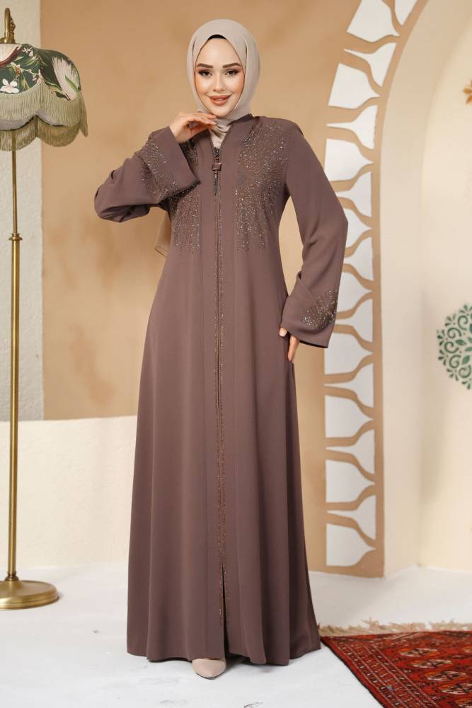 Boncuk Detaylı Koyu Vizon Tesettür Abaya 17007KV - 2