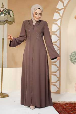 Boncuk Detaylı Koyu Vizon Tesettür Abaya 17007KV - 3
