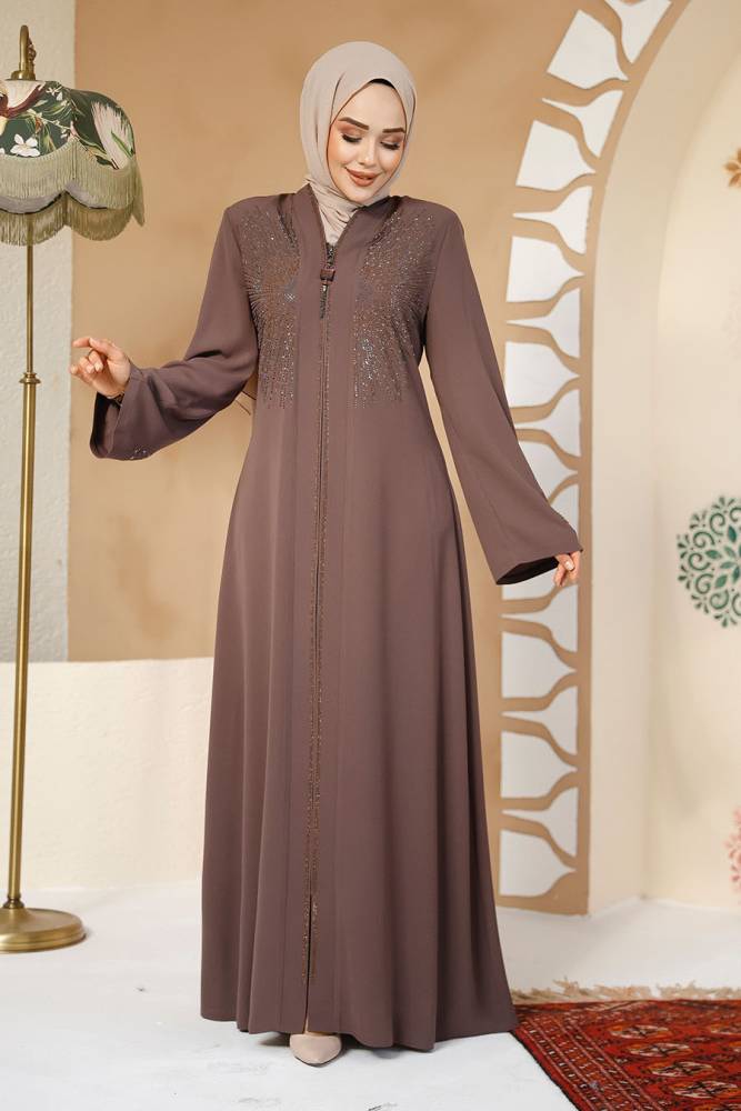 Boncuk Detaylı Koyu Vizon Tesettür Abaya 17007KV - 3