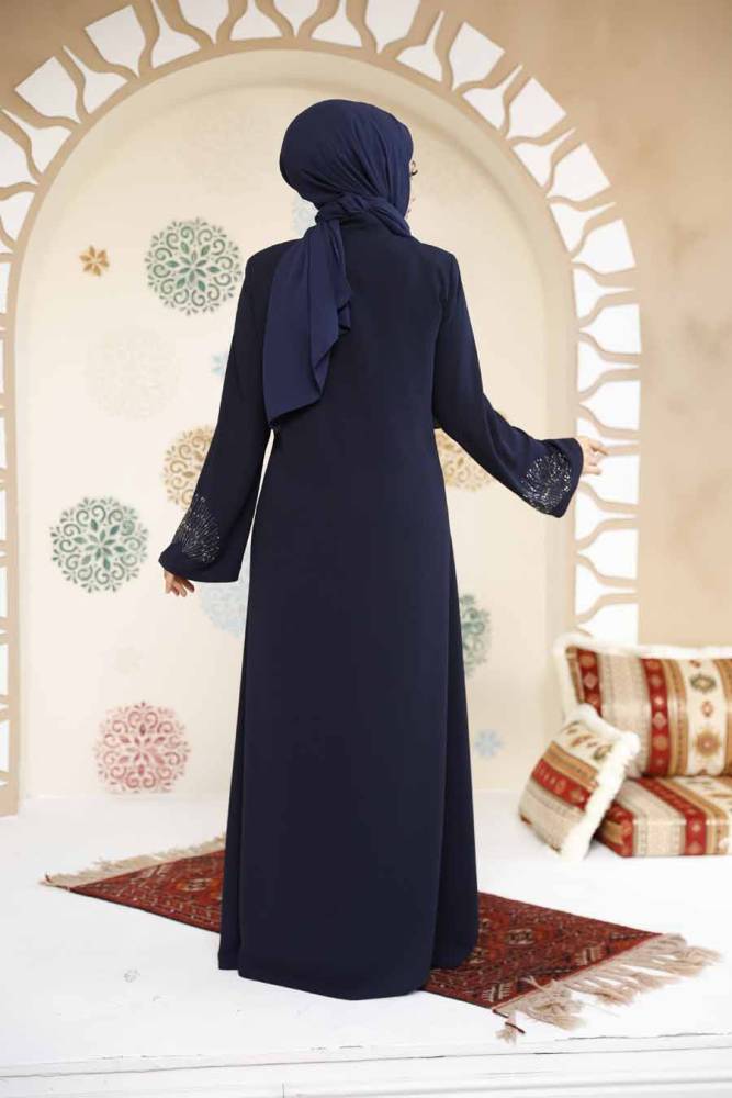Boncuk Detaylı Lacivert Tesettür Abaya 17007L - 5