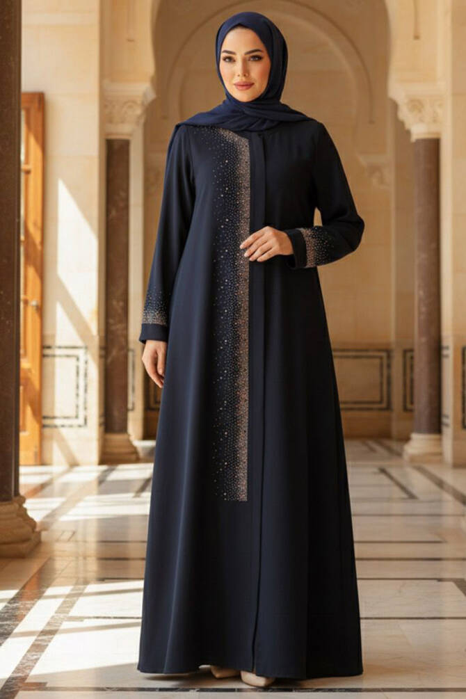 Boncuk Detaylı Lacivert Tesettür Abaya 26331L - 1