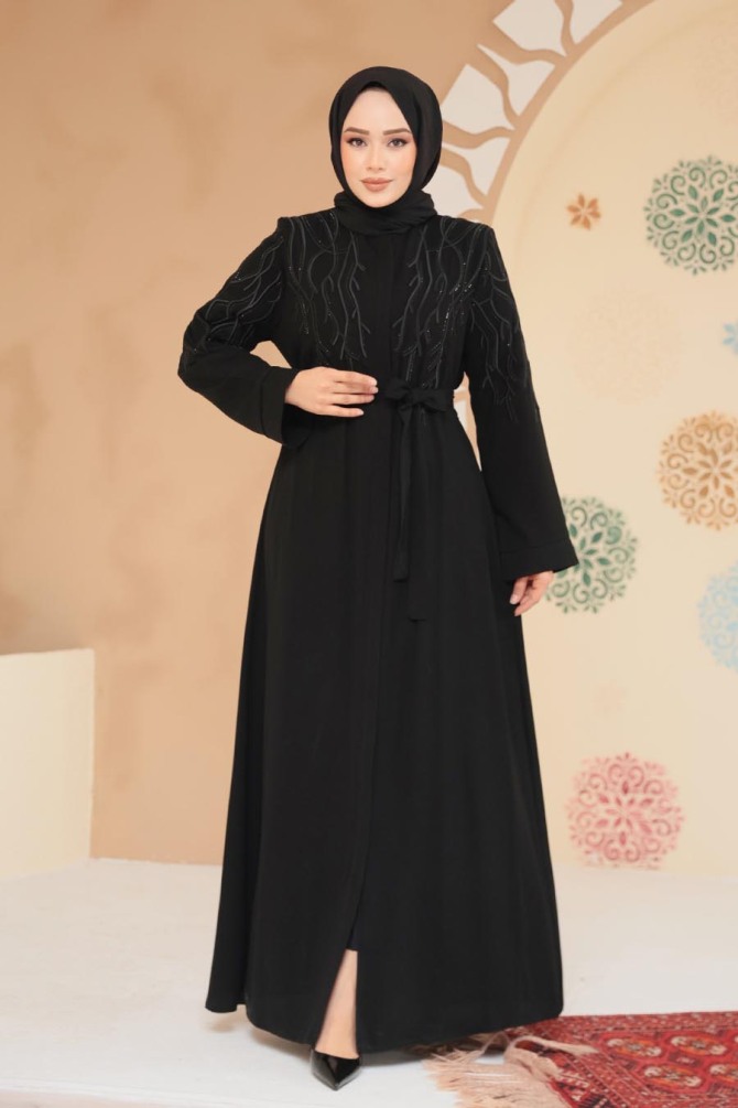 Boncuk Detaylı Lacivert Tesettür Abaya 29129S - 2
