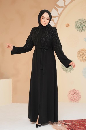 Boncuk Detaylı Lacivert Tesettür Abaya 29129S - 1