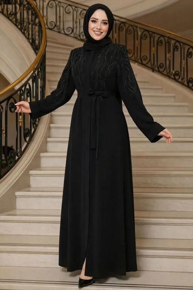 Boncuk Detaylı Lacivert Tesettür Abaya 29129S - 1