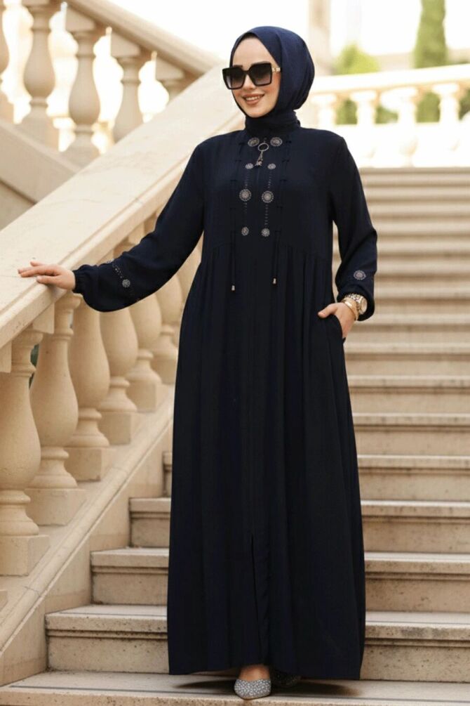 Boncuk Detaylı Lacivert Tesettür Abaya 45305L - 1