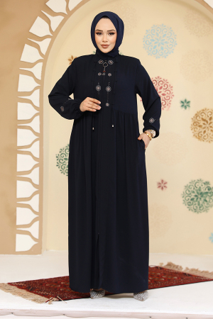 Boncuk Detaylı Lacivert Tesettür Abaya 45305L - 2