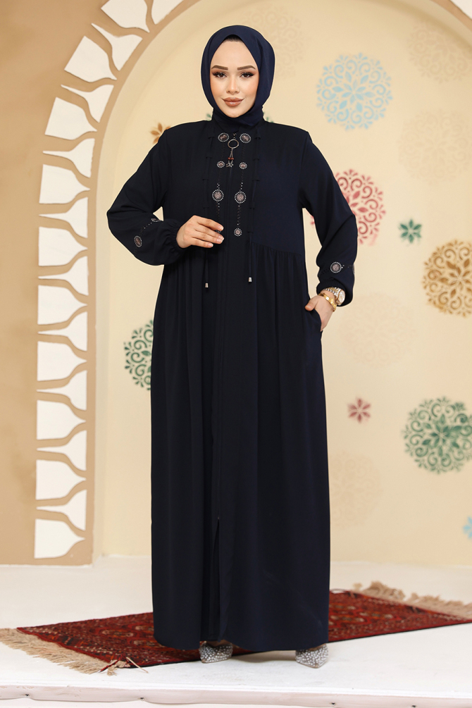 Boncuk Detaylı Lacivert Tesettür Abaya 45305L - 2