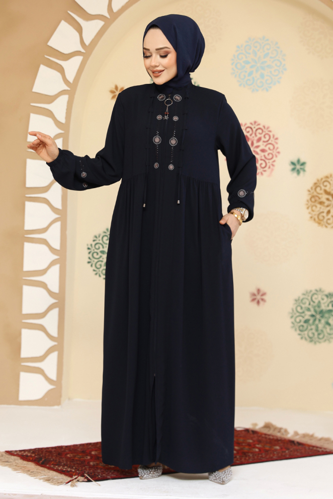 Boncuk Detaylı Lacivert Tesettür Abaya 45305L - 1