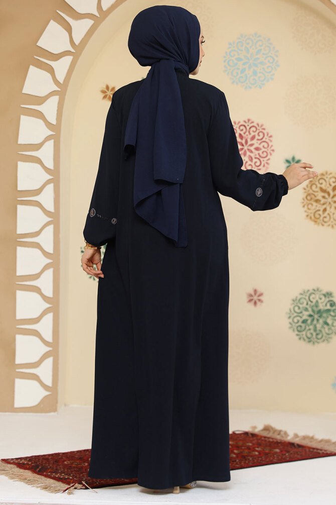 Boncuk Detaylı Lacivert Tesettür Abaya 45305L - 3