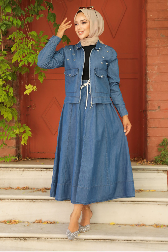 Boncuk Detaylı Lacivert Tesettür Etekli Kot İkili Takım 19119L - 2