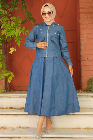 Boncuk Detaylı Lacivert Tesettür Etekli Kot İkili Takım 19119L - 1