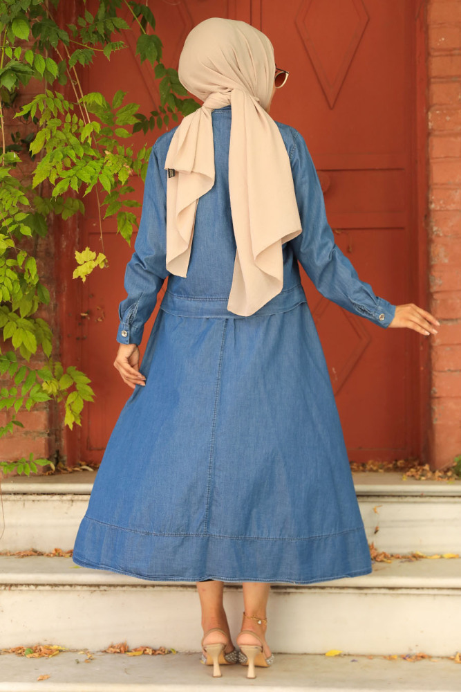 Boncuk Detaylı Lacivert Tesettür Etekli Kot İkili Takım 19119L - 3