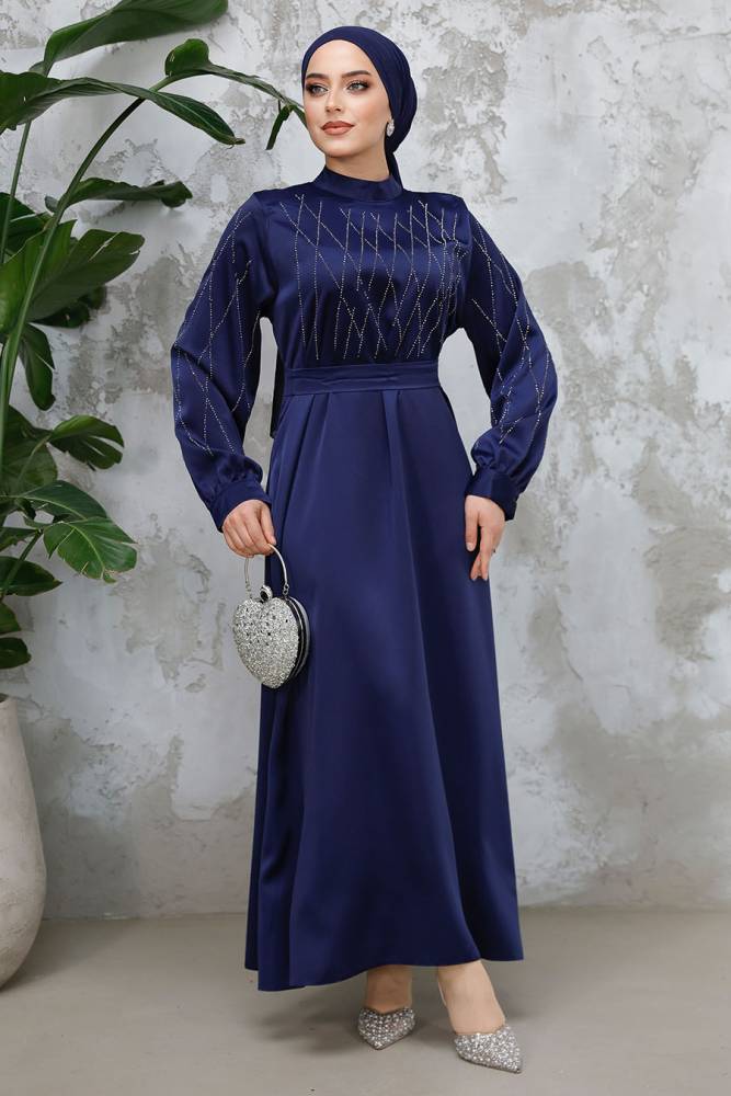 Boncuk Detaylı Lacivert Tesettür Saten Elbise 65880L - 3