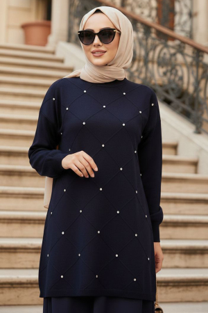Boncuk Detaylı Lacivert Tesettür Triko Kazak 10138L 