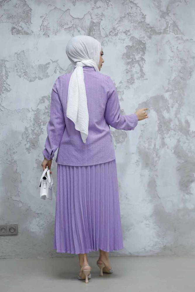 Boncuk Detaylı Lila Tesettür Etekli İkili Takım 60062LILA - 4