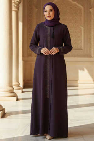 Boncuk Detaylı Mürdüm Tesettür Abaya 26331MU 