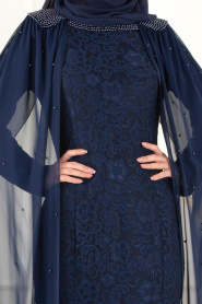 Boncuk Detaylı Pelerinli Lacivert Tesettürlü Abiye Elbise 3281L - Thumbnail