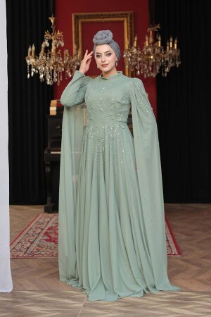 Boncuk Detaylı Pelerinli Mint Tesettür Abiye Elbise 53141MINT - 3