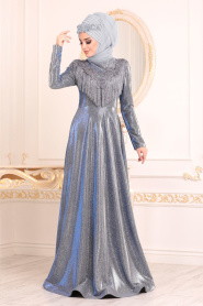 Boncuk Detaylı Sax Mavisi Tesettür Abiye Elbise 20670SX - Thumbnail