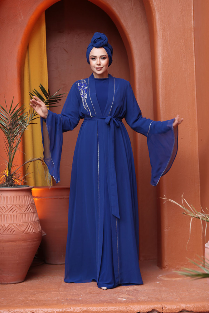 Boncuk Detaylı Sax Mavisi Tesettür Abiye Elbise 25905SX - 2