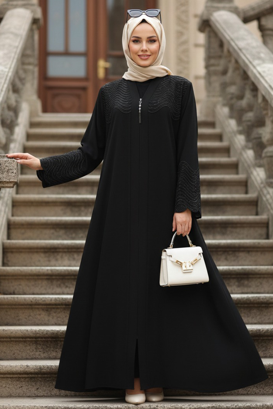 Boncuk Detaylı Siyah Siyah Tesettür Abaya 29105SS