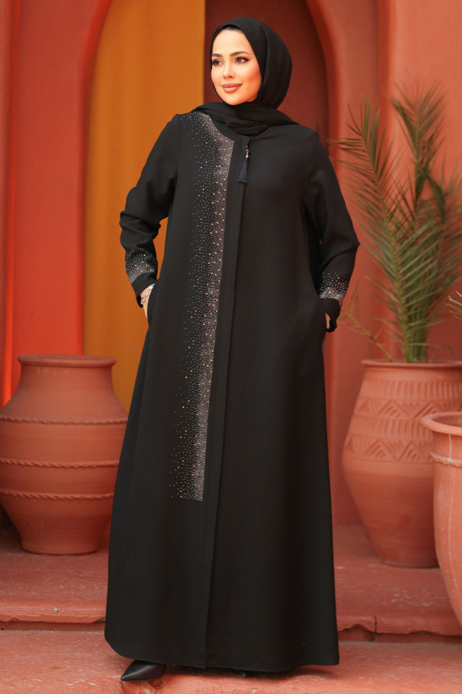 Boncuk Detaylı Siyah Tesettür Abaya 26331S - 2