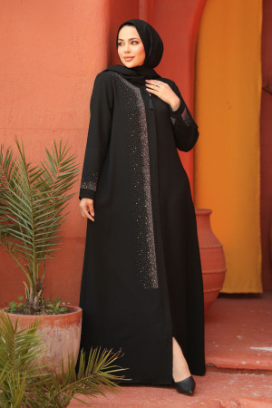 Boncuk Detaylı Siyah Tesettür Abaya 26331S - 1