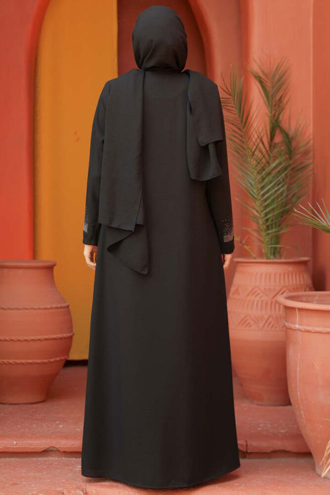 Boncuk Detaylı Siyah Tesettür Abaya 26331S - 3