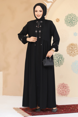 Boncuk Detaylı Siyah Tesettür Abaya 45305S - 2
