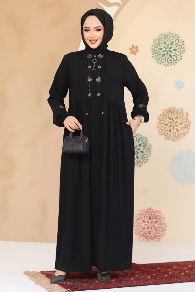 Boncuk Detaylı Siyah Tesettür Abaya 45305S - 3