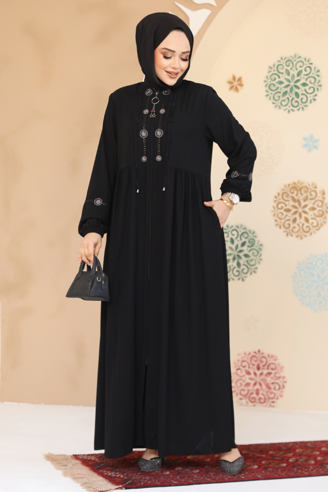 Boncuk Detaylı Siyah Tesettür Abaya 45305S - 1