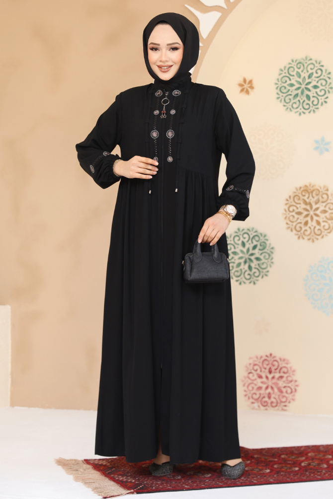 Boncuk Detaylı Siyah Tesettür Abaya 45305S - 2