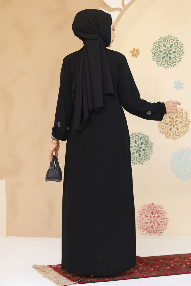 Boncuk Detaylı Siyah Tesettür Abaya 45305S - 4
