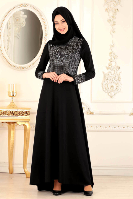 Boncuk Detaylı Siyah Tesettür Abiye Elbise 20101S