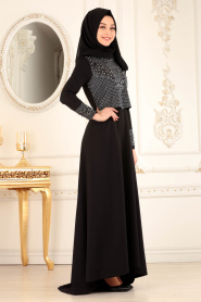 Boncuk Detaylı Siyah Tesettür Abiye Elbise 20101S - Thumbnail